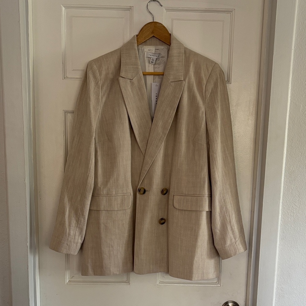 Neutral Beige Double-Breasted Linen Blend Blazer - Unbranded